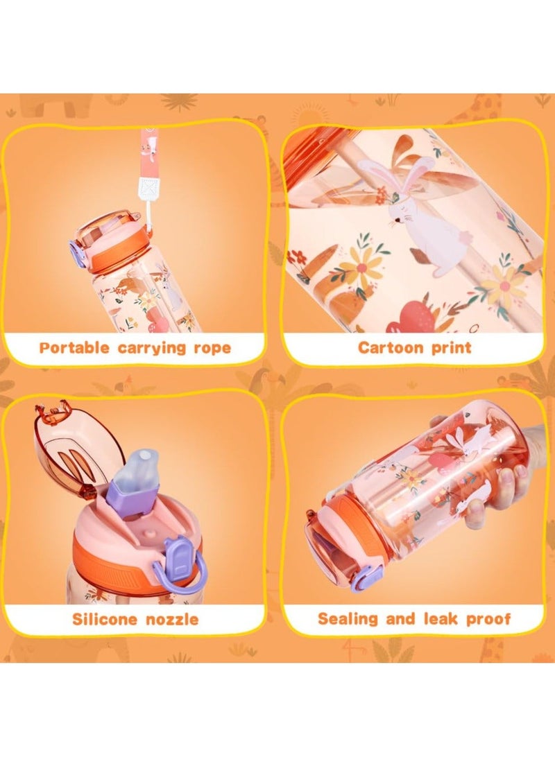 السيد باندا زجاجات مياه للأطفال مع ماصة، زجاجة مشروبات للأطفال الصغار بسعة 600 مل للمدرسة، زجاجة أطفال مانعة للتسرب خالية من BPA من تريتان، زجاجة رياضية للبنات والأولاد (زهري برتقالي   أرنب) - Image 3